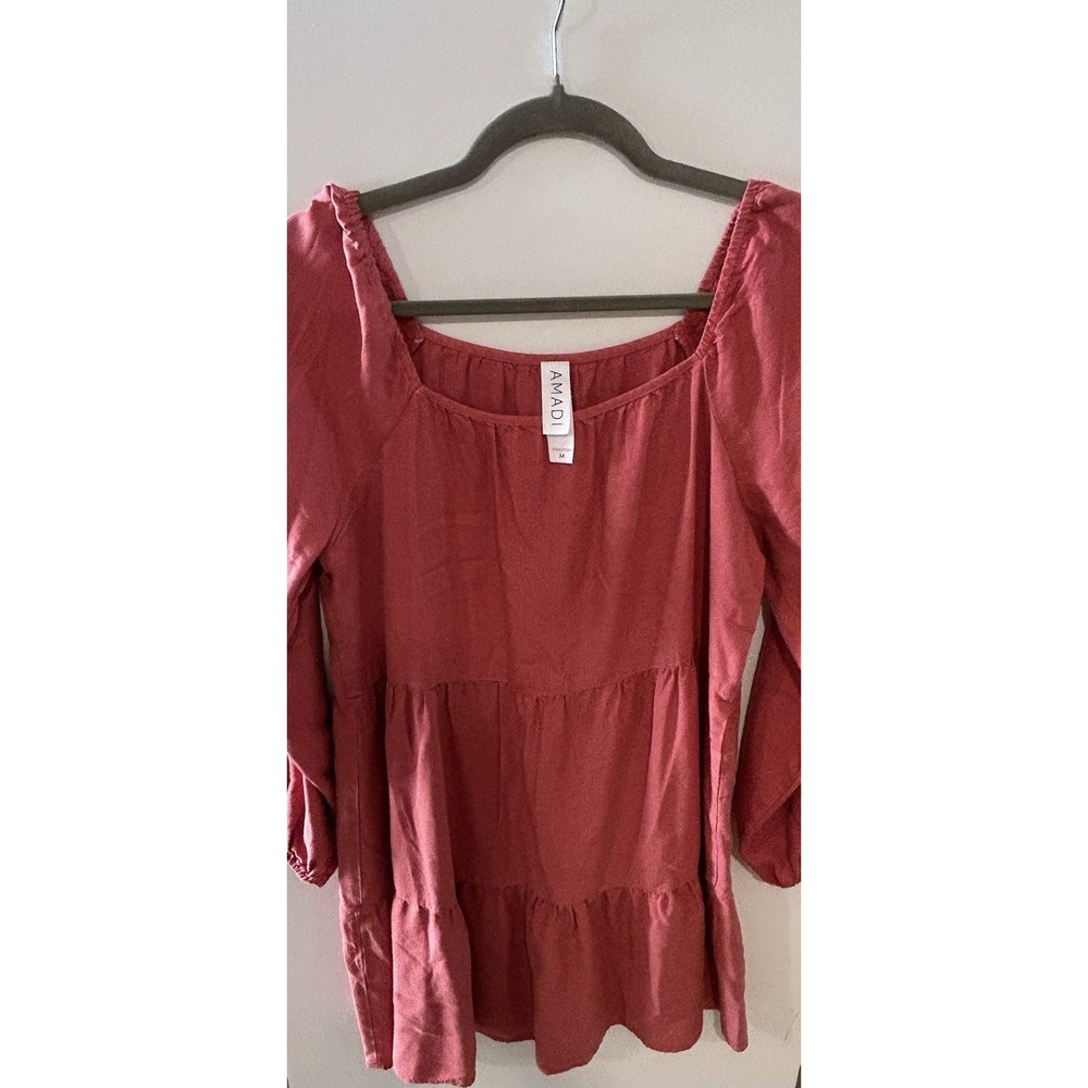 AMADI Women's Medium Coral Tiered Mini Dress Square Neck 3/4 Sleeve Made USA